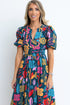 Retro Floral Printed Split Neck Maxi Dress